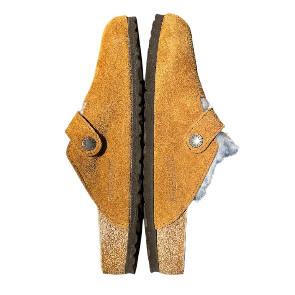 Birkenstock Suede Clog Sandals in Cognac Brown with Cream Shearling - Picture 5 of 11